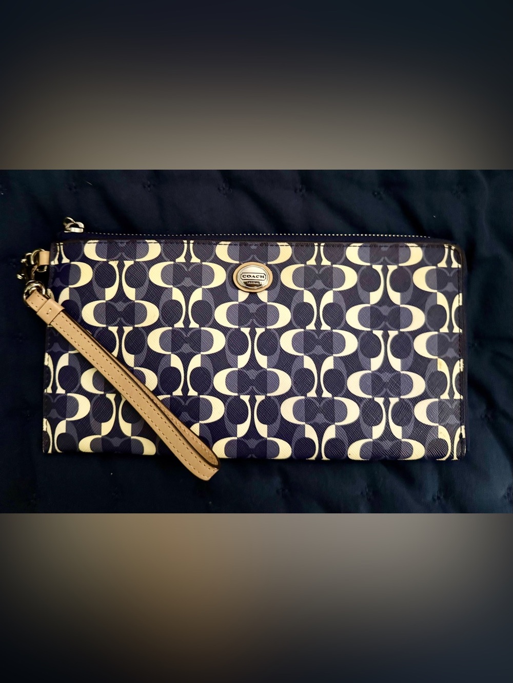 Coach Navy and Cream Signature Pattern Wristlet with Tan Strap